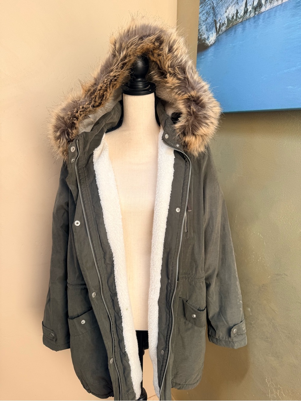 Olive Green Fur-Trim Hooded Parka Jacket - Women